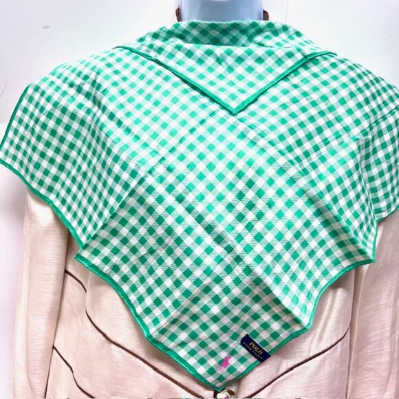 New Polo Ralp Raurent Mini Scarf/Handkerchief cotton 20" Green wihte check(89 - Picture 2 of 6